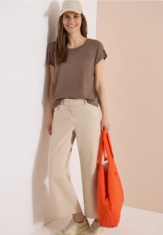 cecil T-Shirt Rundhals Turn-Up-Detail Modal-Baumwolle Beige