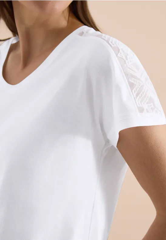 cecil T-Shirt Dropped Shoulder Spitzendetail 100% Baumwolle Weiß