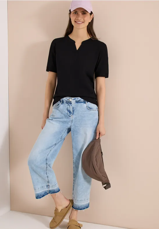 cecil T-Shirt Split Neck Crochet Baumwolle Schwarz