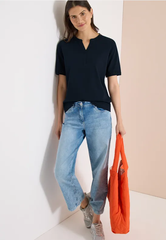 cecil T-Shirt Split Neck Crochet Baumwolle Blau