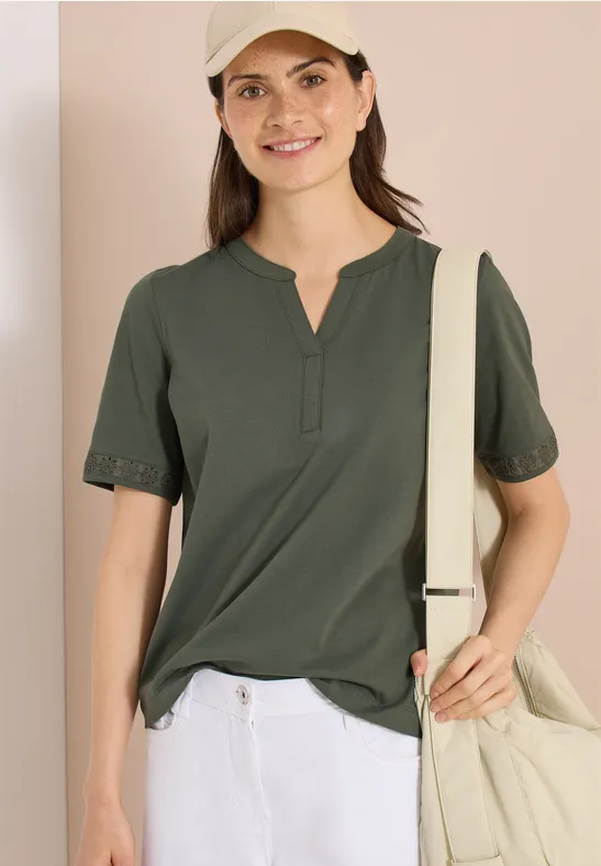 cecil T-Shirt Split Neck Crochet Baumwolle Gruen