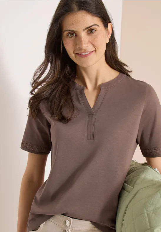 cecil T-Shirt Split Neck Crochet Baumwolle Beige