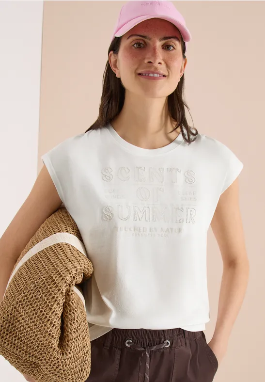 cecil T-Shirt Rundhals Wording Artwork Baumwolle-Modal Weiß