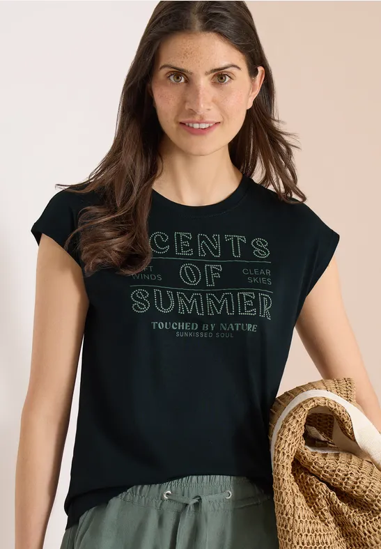 cecil T-Shirt Rundhals Wording Artwork Baumwolle-Modal Grün