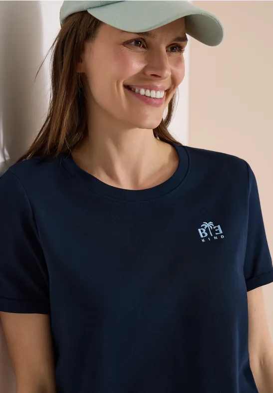 cecil T-Shirt Rundhals Print-Detail 100% Organic Cotton Blau