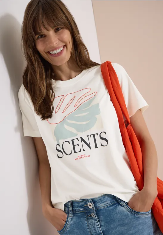 cecil T-Shirt Rundhals Frontprint Baumwolle Weiß