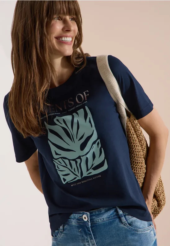 cecil T-Shirt Rundhals Frontprint Modal-Baumwolle Blau