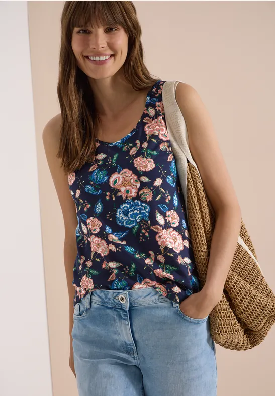 cecil Top V-Neck Flechtdetail Baumwolle Blau
