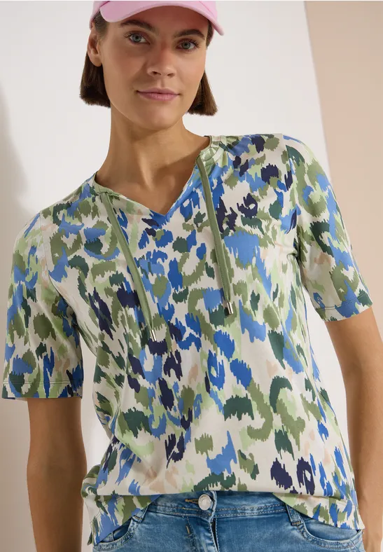 T-Shirt mit Split Neck und Print