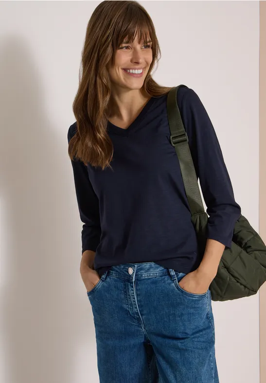 Effen shirt met 3/4-mouwen en V-hals