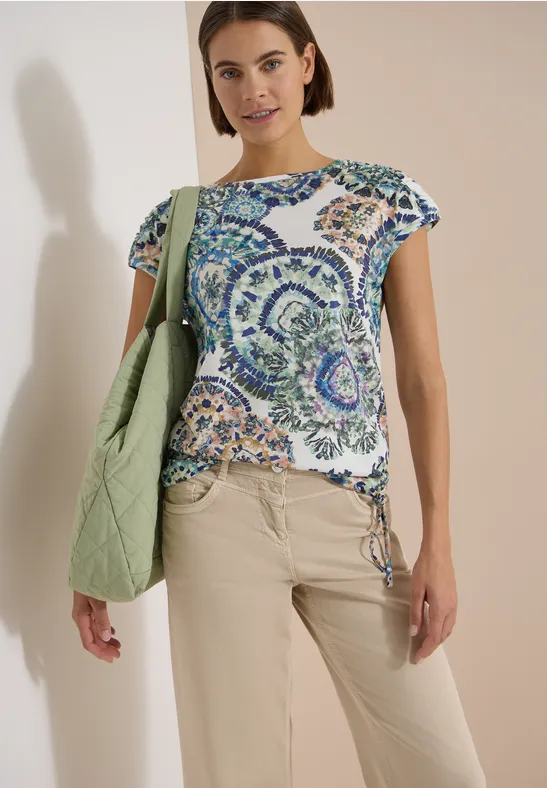 Shirt met korte mouwen, boothals en rimpels