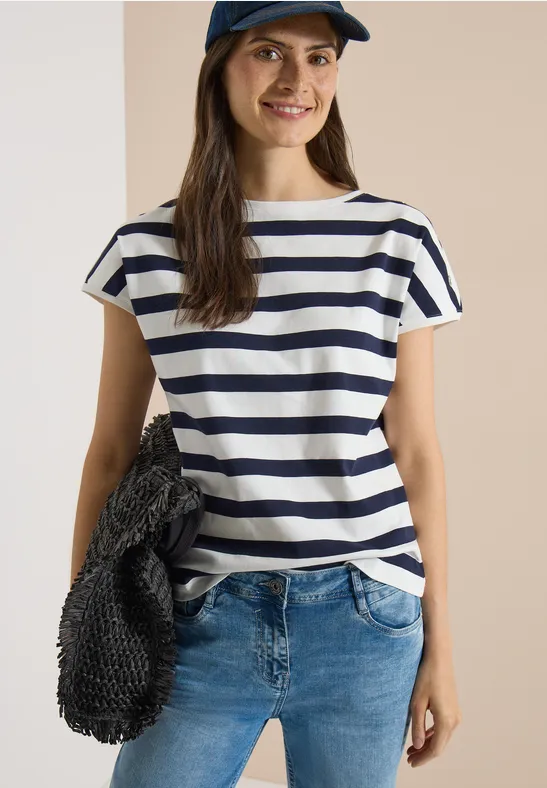 CECIL T-Shirt mit Boat Neck und Knopfdetail