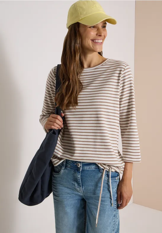 3/4-Arm Shirt mit Rundhals und Streifen