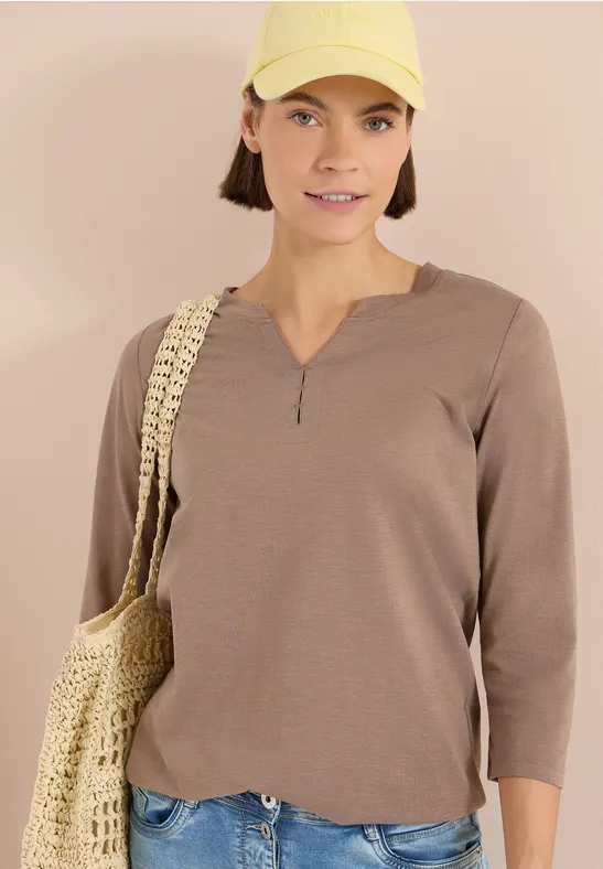 3/4-Arm Shirt mit Split Neck und Elastiksaum