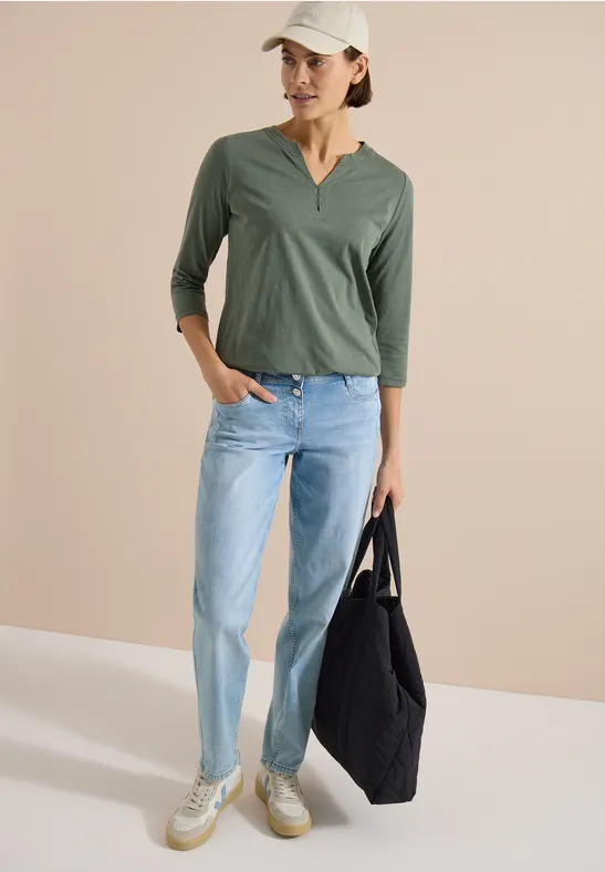 3/4-Arm Shirt mit Split Neck und Elastiksaum