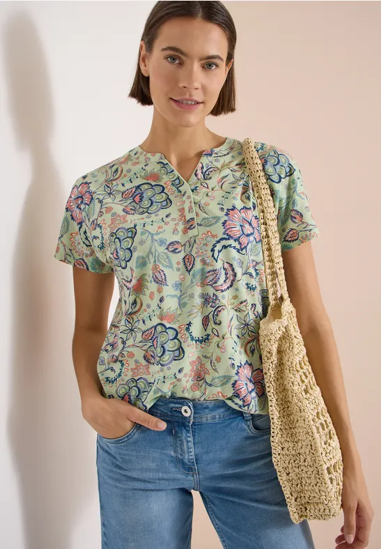 Shirt met split in de hals en print