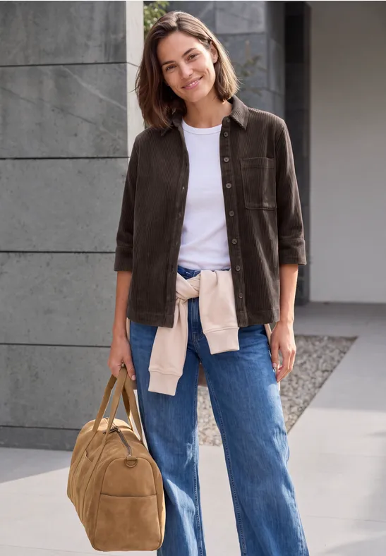 Jersey-corduroyblouse met halflange mouwen in effen kleur