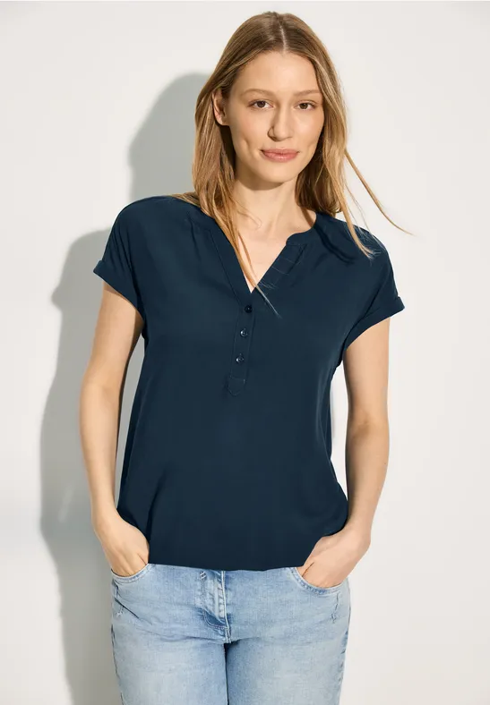 cecil Bluse Kurzarm Rundhals Knopfleiste Viskose Blau