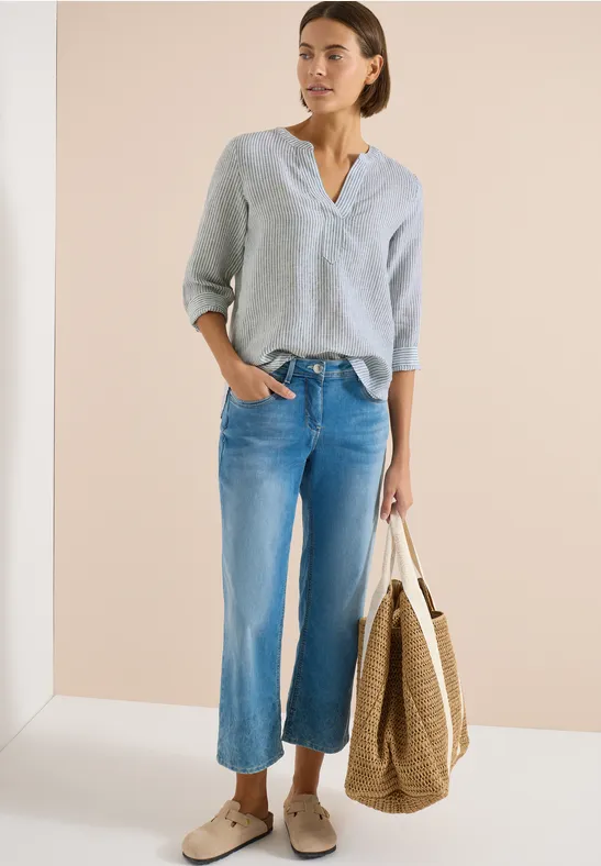 Thumbnail - Cecil Damen 3/4-Arm Bluse mit Split Neck aus Leinen in Grün, Gr: XS