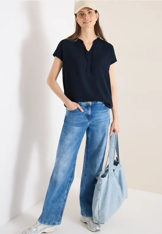 Thumbnail - Cecil Damen Kurzarm Bluse mit Strukturmix in Blau, Gr: XL