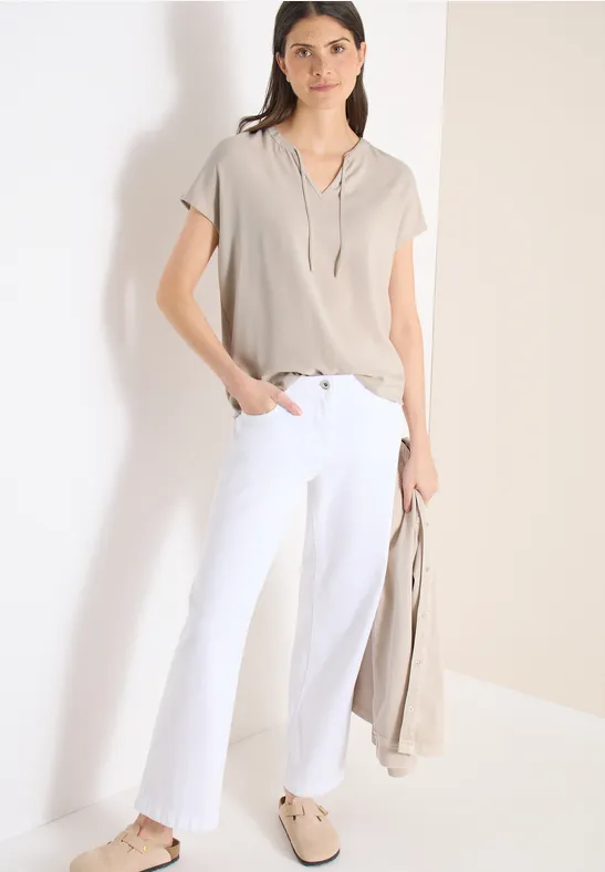 cecil Kurzarm Bluse Split Neck Viskose Beige