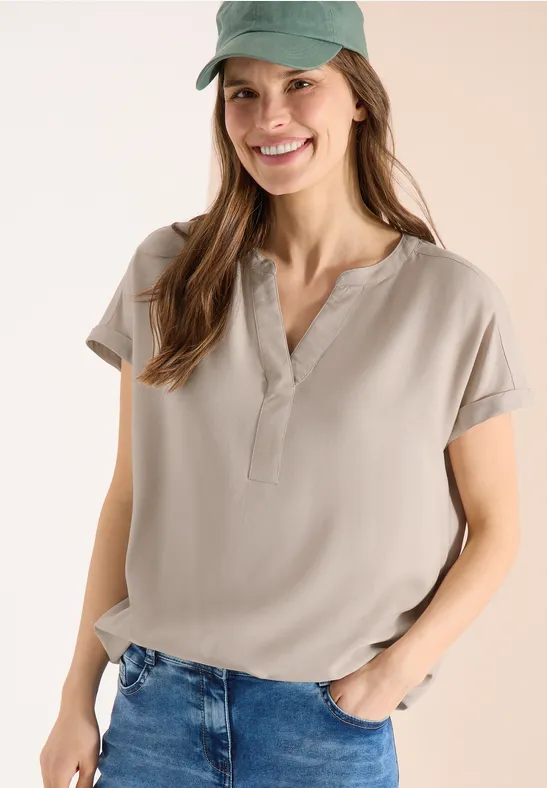 Thumbnail - Cecil Damen Kurzarm Bluse mit Split Neck in Beige, Gr: 3XL