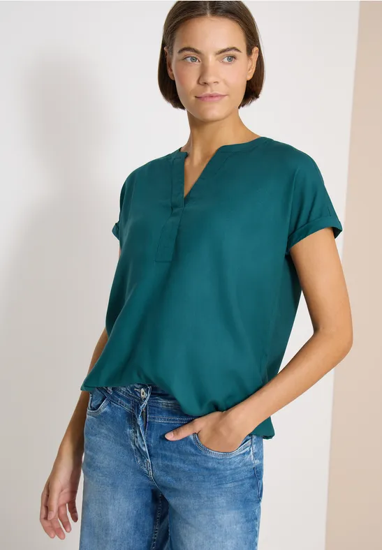 cecil Kurzarm Bluse Split Neck Viskose Gruen
