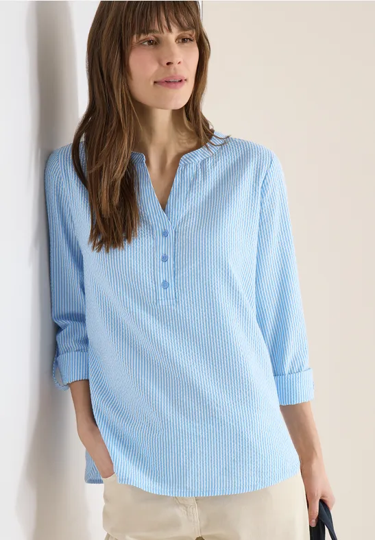 cecil Seersucker Bluse Streifenknopfleiste Baumwolle Blau