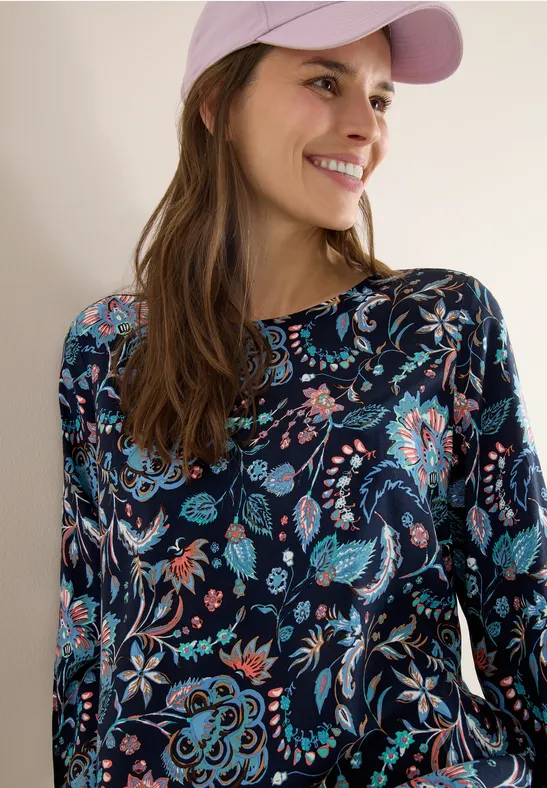 cecil Bluse Grafisches Muster Knopfdetail Viskose Blau
