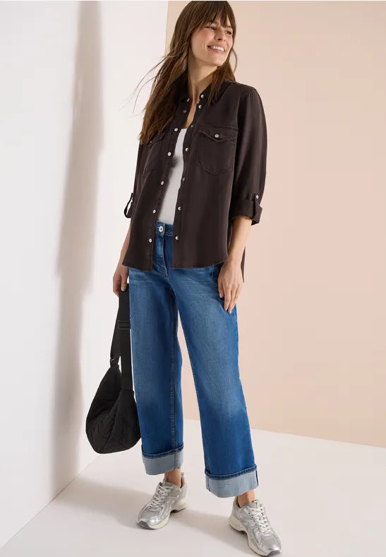 Thumbnail - Cecil Damen Bluse mit Hemdkragen und Turn-Up in Braun, Gr: XXL