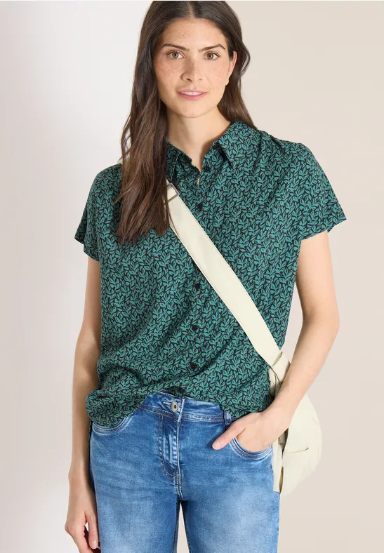 Thumbnail - Cecil Damen Kurzarm Bluse mit Knopfleiste in Grün|Multicolour, Gr: 3XL