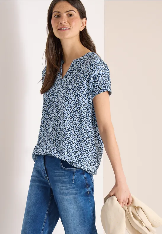 cecil Bluse Split Neck Blätter-Print Viskose Blau
