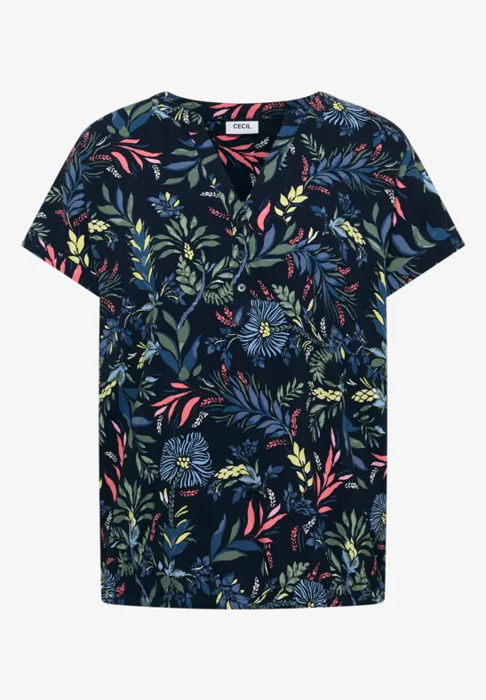 Thumbnail - Cecil Damen Bluse mit Split Neck und Print in Blau, Gr: 3XL