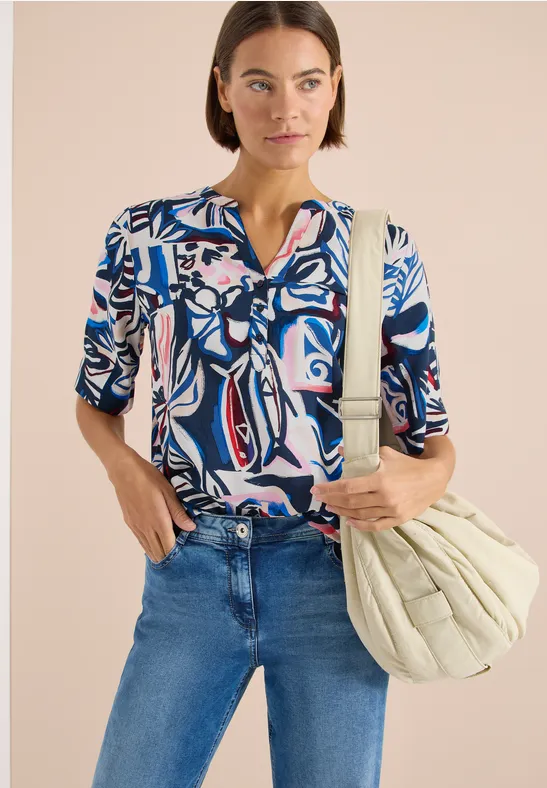 Thumbnail - Cecil Damen Kurzarm Bluse mit Multicolor Print in Blau, Gr: XS