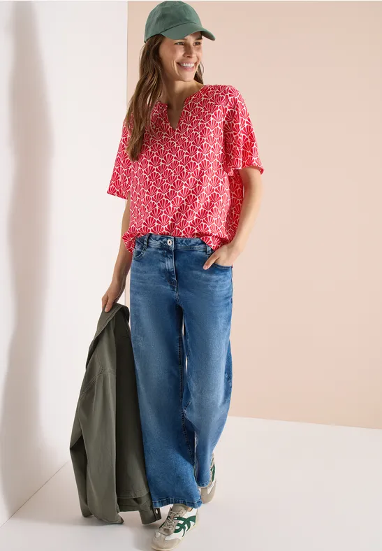 cecil Bluse Kurzarm Muschelprint Split Neck Viskose Rot
