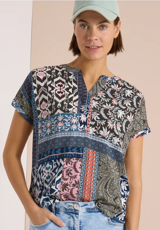 cecil Bluse Kurzarm Patchwork-Print Viskose Grün