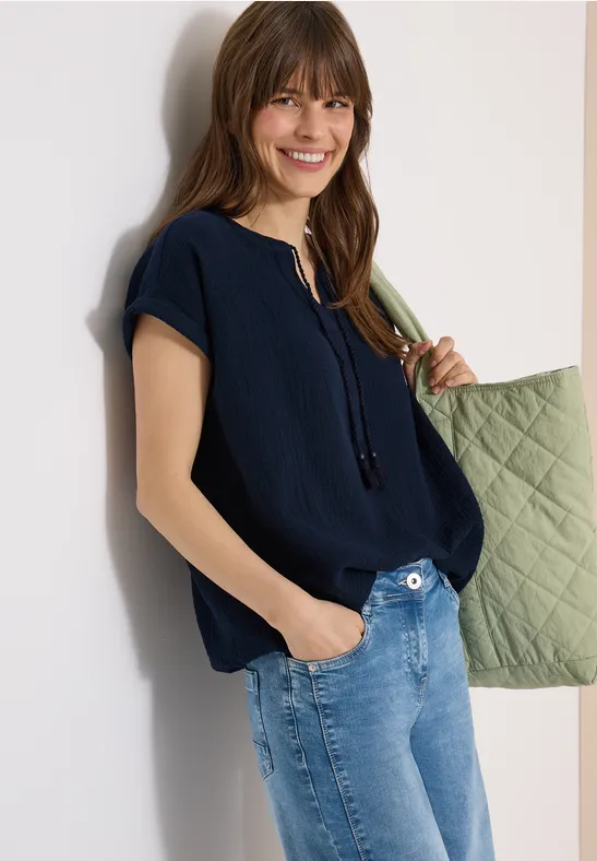 cecil Bluse Split Neck Musselin Baumwolle Blau