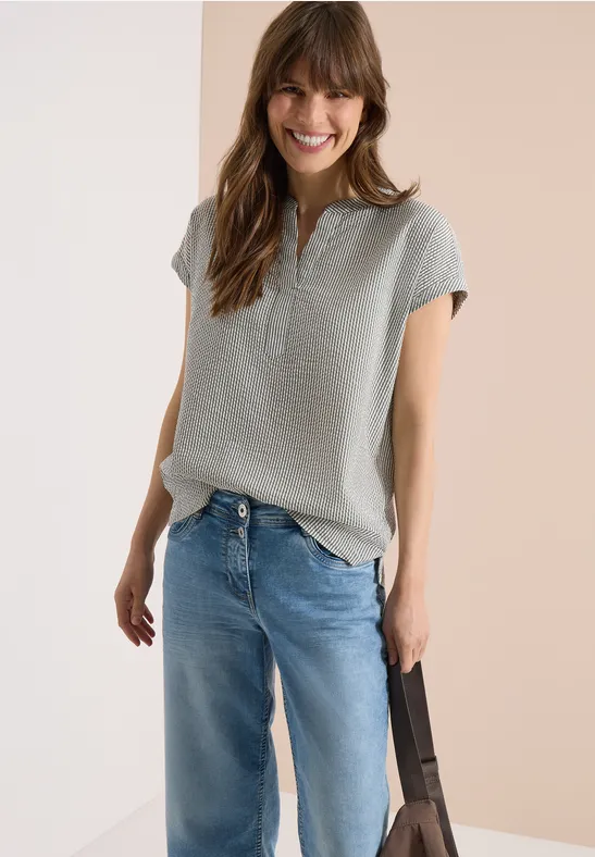 cecil Bluse Split Neck Seersucker Baumwolle-Modal Gruen