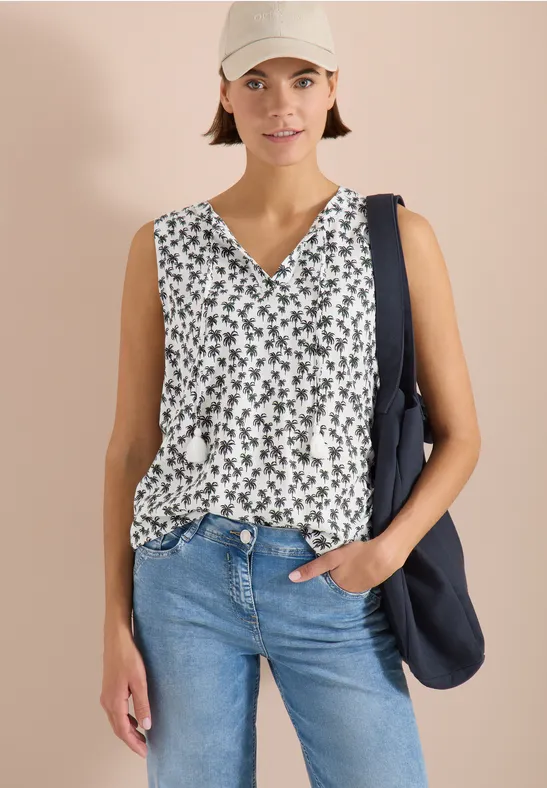 Blouse sans manches à col fendu et imprimé palmiers
