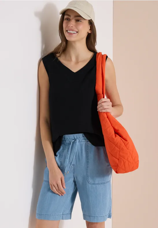 cecil Blusentop V-Neck Musselin Baumwolle Schwarz