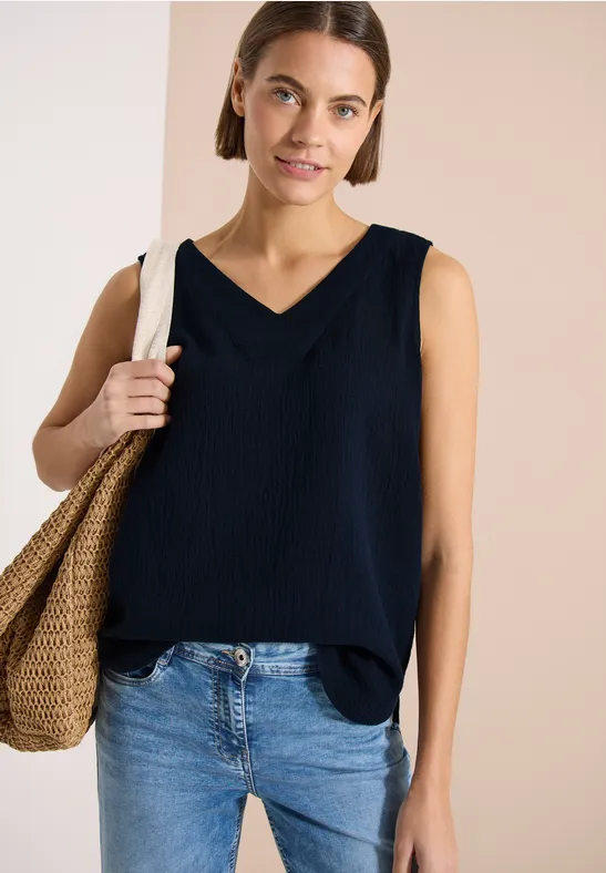 cecil Blusentop V-Neck Musselin Baumwolle Blau