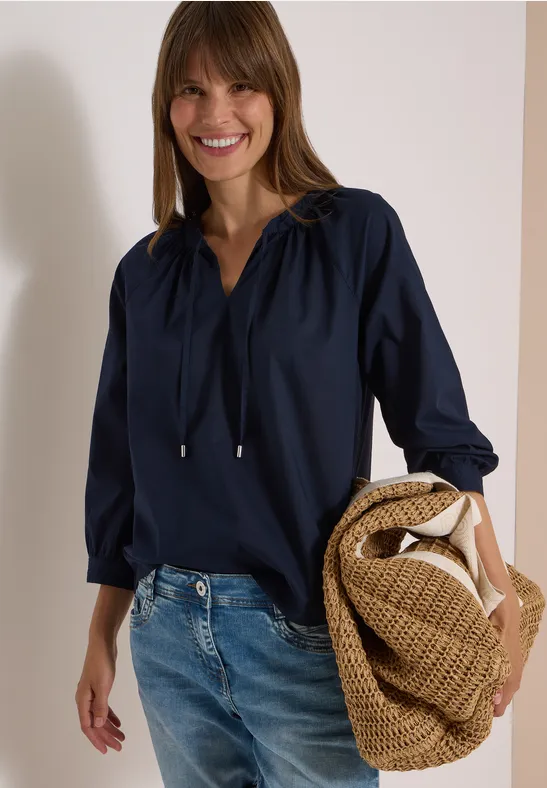 3/4-Arm Bluse mit Split Neck in Unifarbe