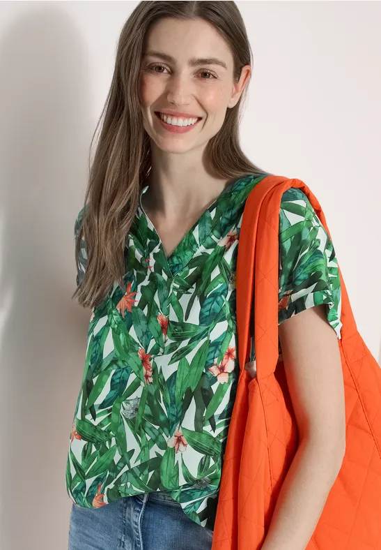 Kurzarm Blusenshirt mit Split Neck