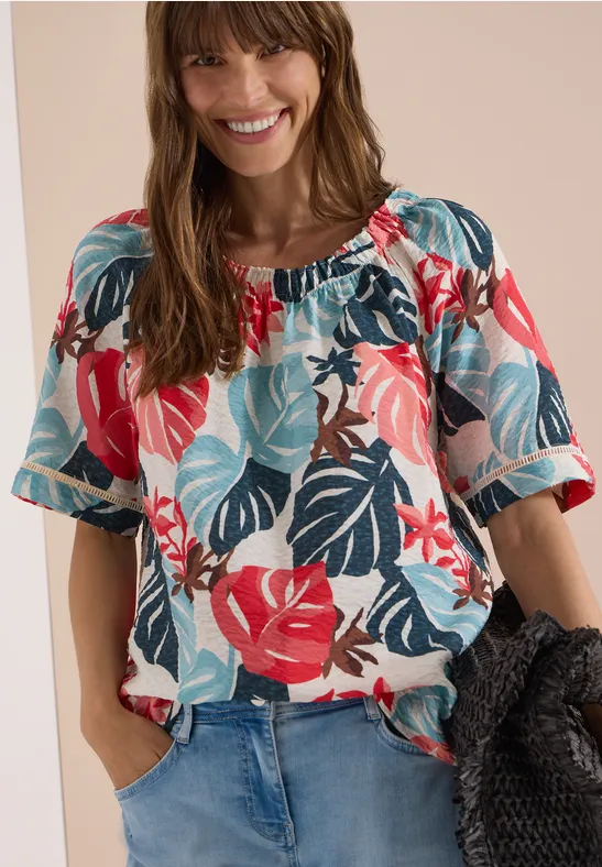 Cecil Carmen blouse met korte mouwen en bladprint