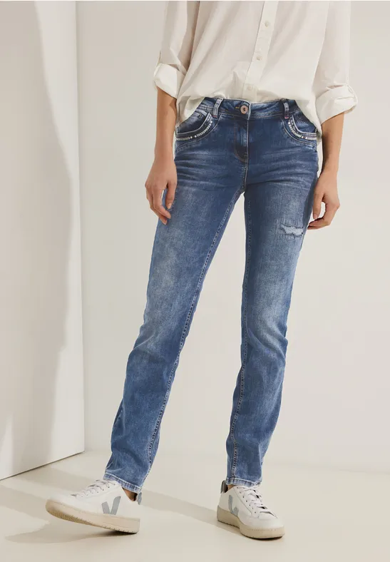 Cecil Jeans Donna – Vestibilità Larga, Vita Alta, Giro Gamba Dritto, Cotone Elasticizzato, Lavaggio Blu