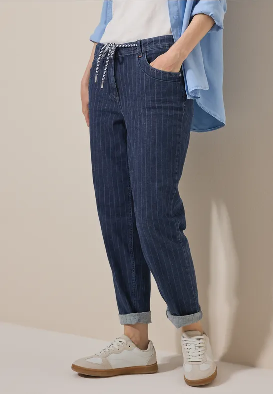 cecil Nadelstreifen Jeans Tunnelzug Baumwolle-Recycled Polyester-Elasthan Blau