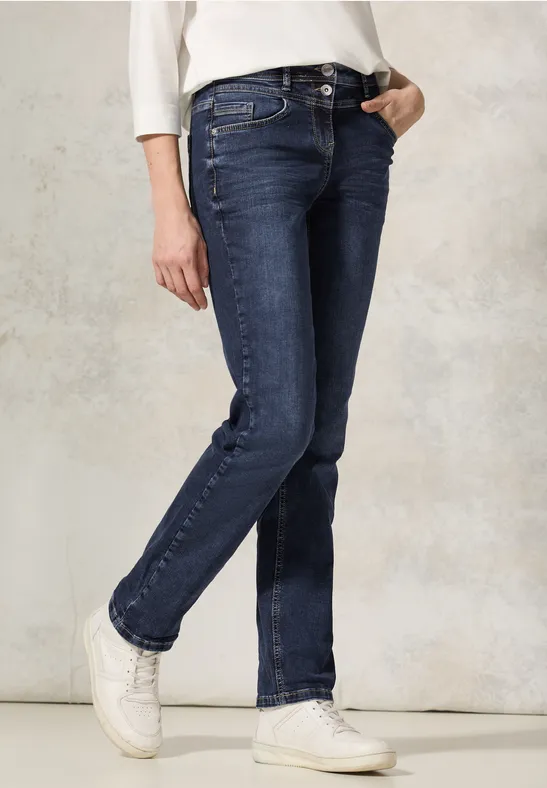 cecil Straight Leg Jeans Waist Baumwolle-Recycled Cotton-Recycled Polyester-Esasthan Blau