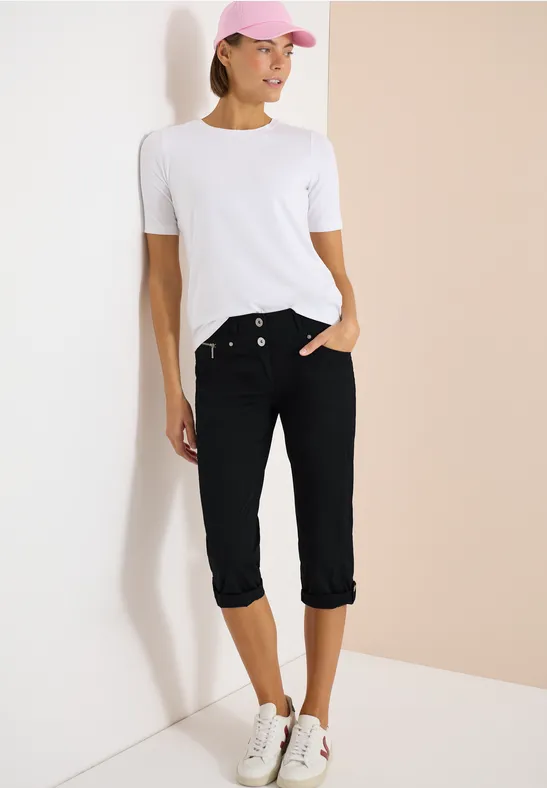 cecil 3/4 Mid Waist Slim Leg pantalon avec turn-up Noir