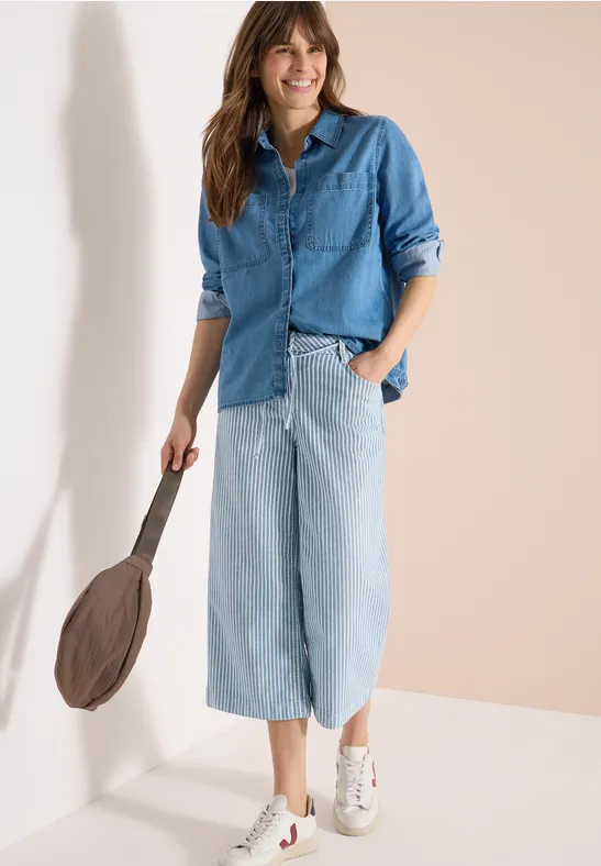 Thumbnail - Cecil Damen Wide Flared Leg Jeans mit Streifen in Blau, Gr: 30