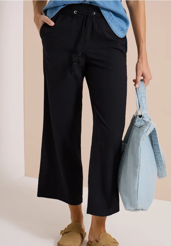 cecil Hose Wide Leg Seersucker Baumwolle-Modal Schwarz